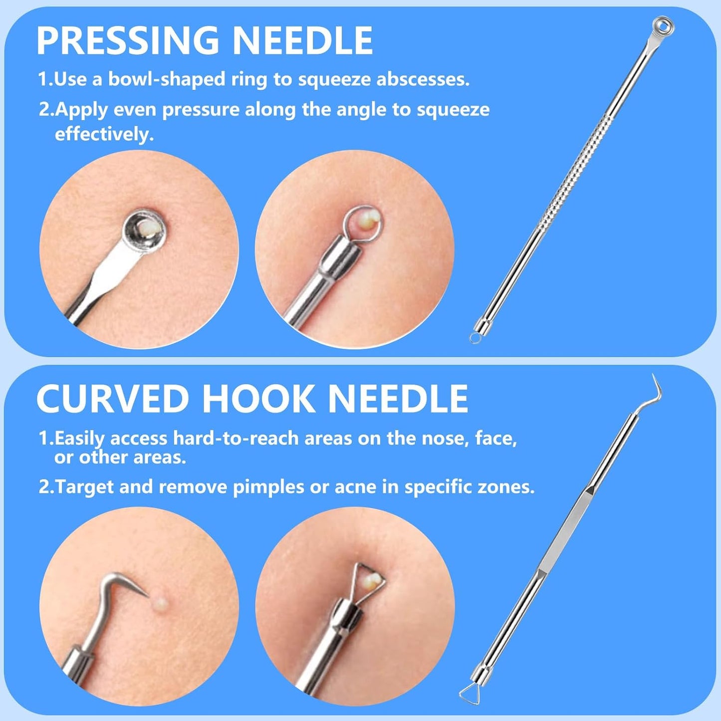 5PCS Blackhead Remover Comedone Extractor Kit - Professional Stainless Steel Tools for Pimple, Acne, and Blemish Removal - Curved Tweezers Included