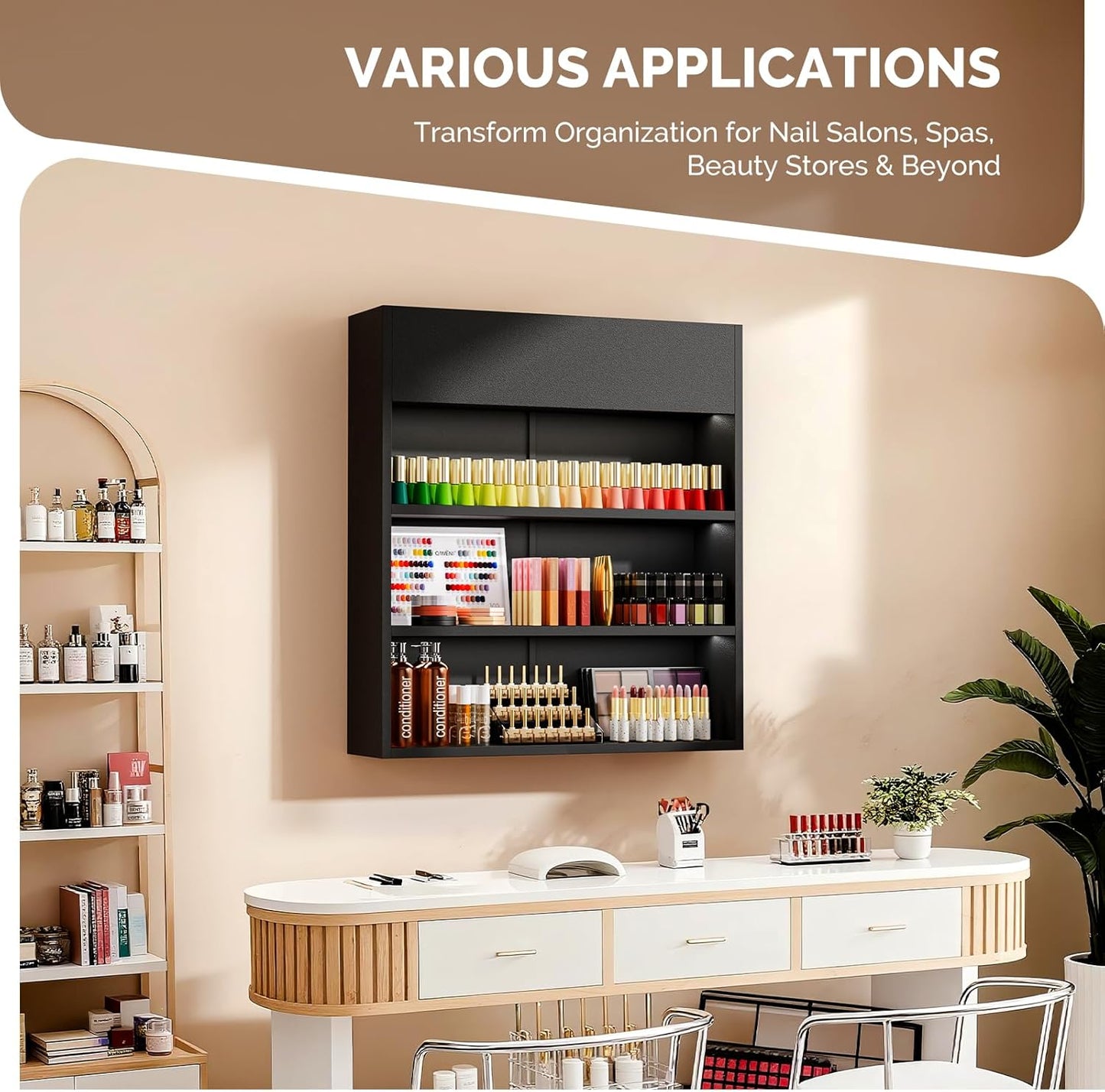 OmySalon Wall Mounted Display Rack, 32-Inch 3-Tier LED Nail Polish Organizer Shelf with USB Touch Control, for Nail Salon, Spa, Beauty Studio Storage, Wooden Retail Display (Black)