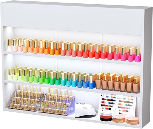 OmySalon Wall Mounted Display Rack, 47.6-Inch 3-Tier LED Nail Polish Organizer Shelf with USB Touch Control, for Nail Salon, Spa, Beauty Studio Storage, Wooden Retail Display (White)
