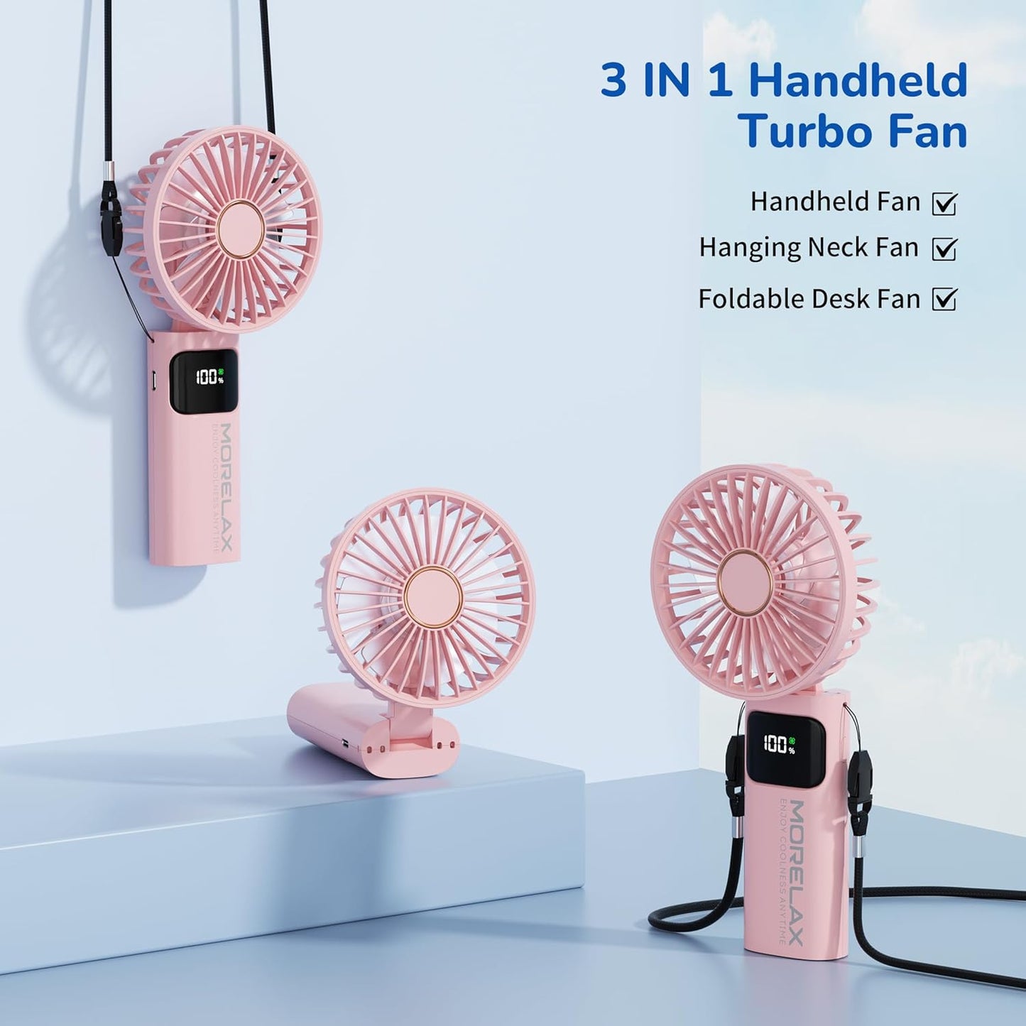 Portable Handheld Fan, USB Rechargeable Foldable Mini Personal Fan, 5200mAh, 180 Adjustable, 6 Speed Wind, 3 IN 1 Hand Cooling Desk Fan with LED Display for Home Office School Outdoor Travel, Pink