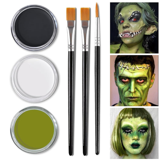 KYDA Black White Green Face Paint for Halloween Makeup, Face Body Painting Kit with Brushes for Witch Monster Grinch Shrek Hulk Alien SFX Makeup and Costume Cosplay Party, Colored Eyes for Spot Games