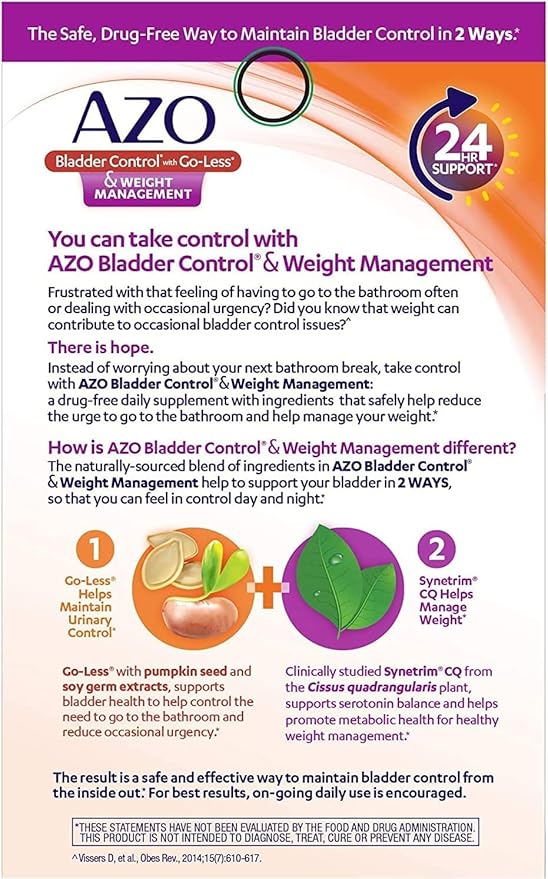 AZO Bladder Control with Go-Less® & Weight Management Dietary Supplement | Helps Reduce Occasional Urgency* | Promotes Healthy Metabolism* | Supports a Good Night’s Sleep* | 48 Capsules (Pack of 2)