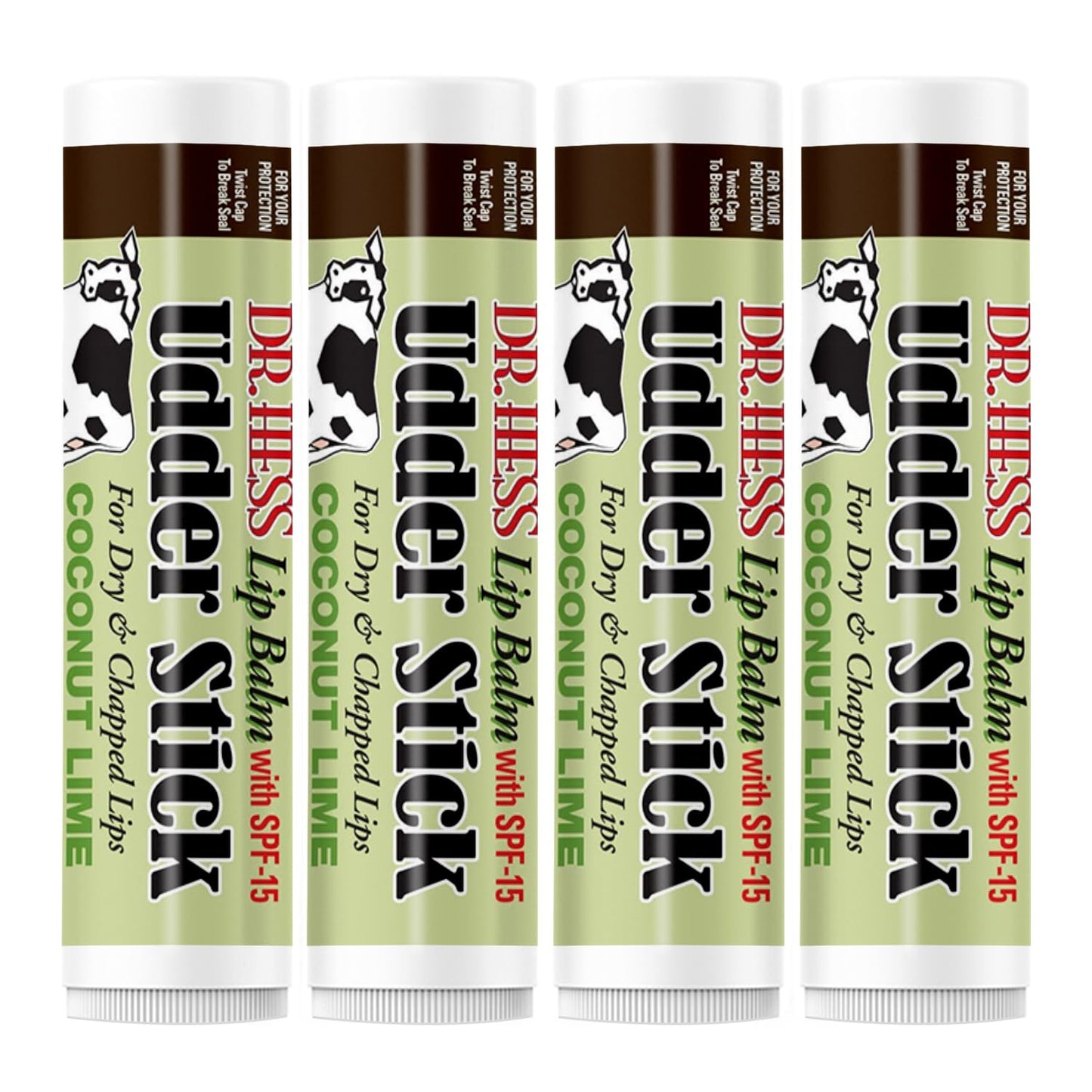 Dr. Hess Original Udder Stick SPF Lip Balm, Soothing Moisturizer Sun Screen Balm for Dry Lips with Jojoba, Beeswax & Shea Butter, Total Lip Care, Hydration & Repair, Coconut-Lime Flavor, 4 Pack