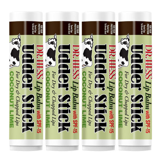 Dr. Hess Original Udder Stick SPF Lip Balm, Soothing Moisturizer Sun Screen Balm for Dry Lips with Jojoba, Beeswax & Shea Butter, Total Lip Care, Hydration & Repair, Coconut-Lime Flavor, 4 Pack