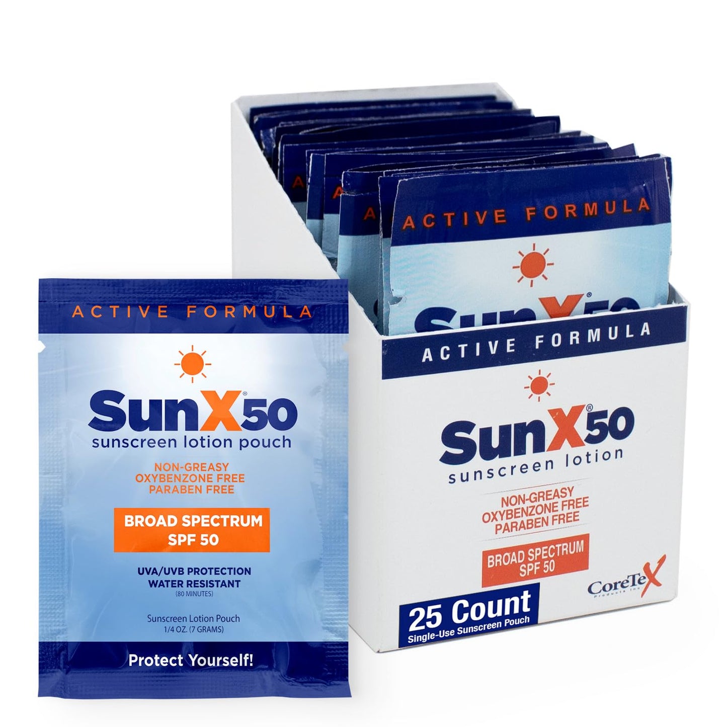 CoreTex Sun X 50 SPF Broad Spectrum Sunscreen Packets - Pack of 25 Paraben, Oxybenzone, Octinoxate, & Oil Free Sunscreen - No White Cast and Water & Sweat Resistant Up to 80 Minutes