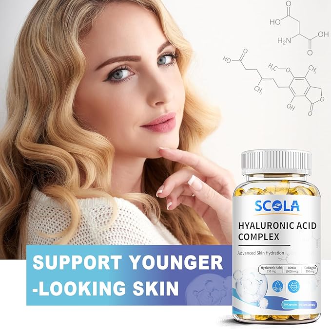 SCOLA Hyaluronic Acid- Hydration with 250 mg Hyaluronic Acid, and 10000 mcg Biotin - 60 Vegan Capsules