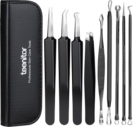Teenitor Blackhead Remover Tools and Pimple Popper Tool Kit, 9 Pcs Stainless Steel Black Head Remover for Face Tool Comedone Extractor Tool for Blackhead, Pimple, Ance, Whitehead, Facial Hair