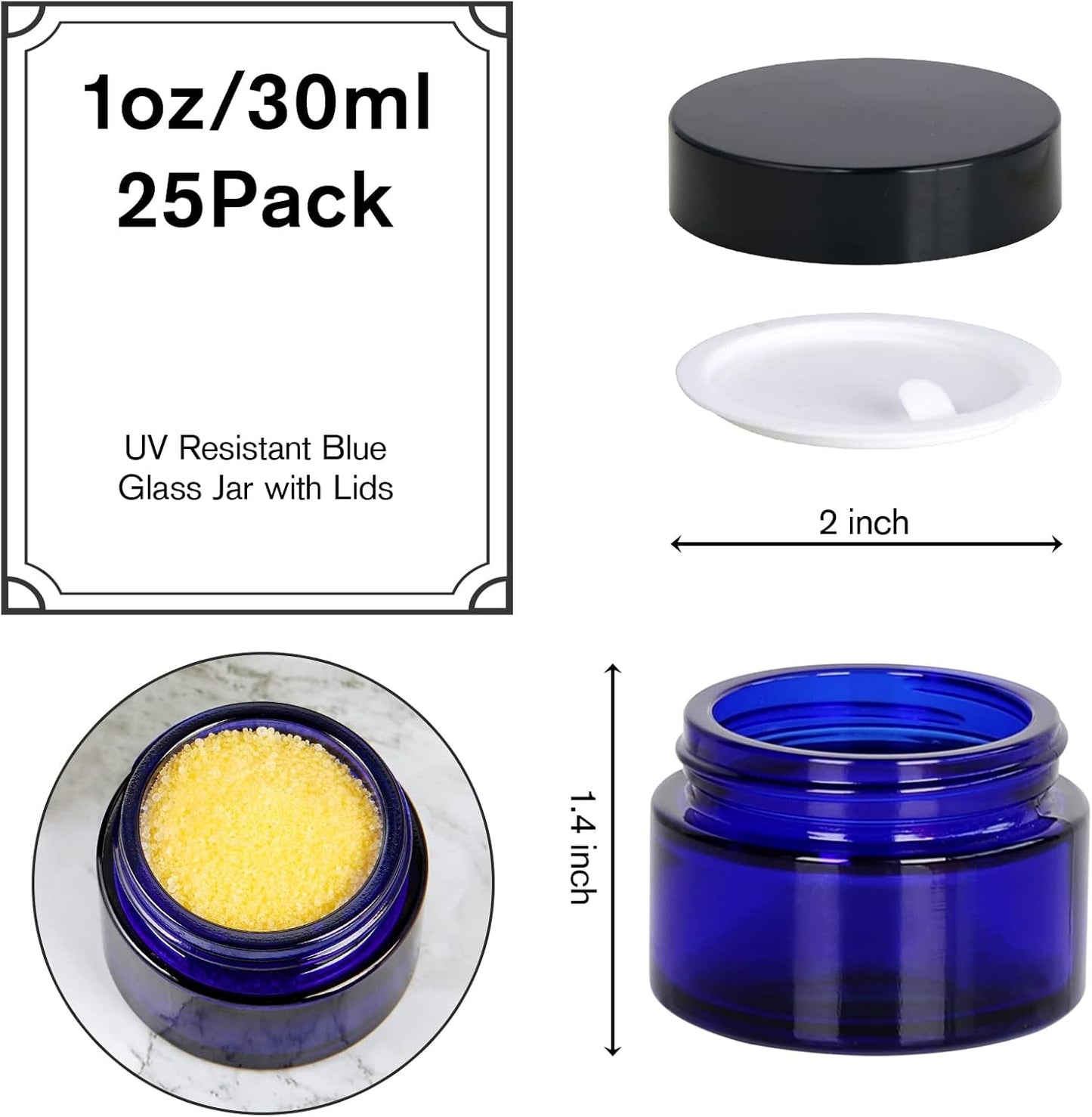 1oz Glass Jar with Lid, Hoa Kinh 25Pack Blue Round Containers Cosmetic Glass Jars with Inner Liners and Black Lids Travel Jars for Storing Lip and Body Scrub, Lotion, Body Butter, Bath Salts, Liquid