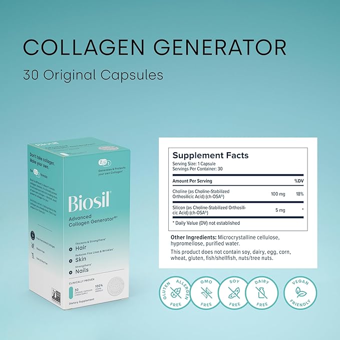 Biosil Collagen Generator - 30 Original Capsules - with Patented ch-OSA Complex - Generates & Protects Your Own Collagen - GMO Free - 15-Day Supply