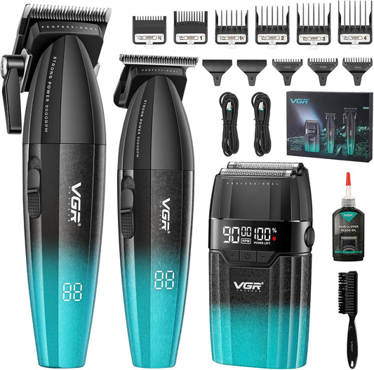 VGR 640S3 Professional 3 in 1 Hair Cutting Kit, 9000RPM Hair Clippers for Men Professional Hair Trimmer & Foil Shavers Set, Cordless Mens Barber Combo for Home, for Him(Green)