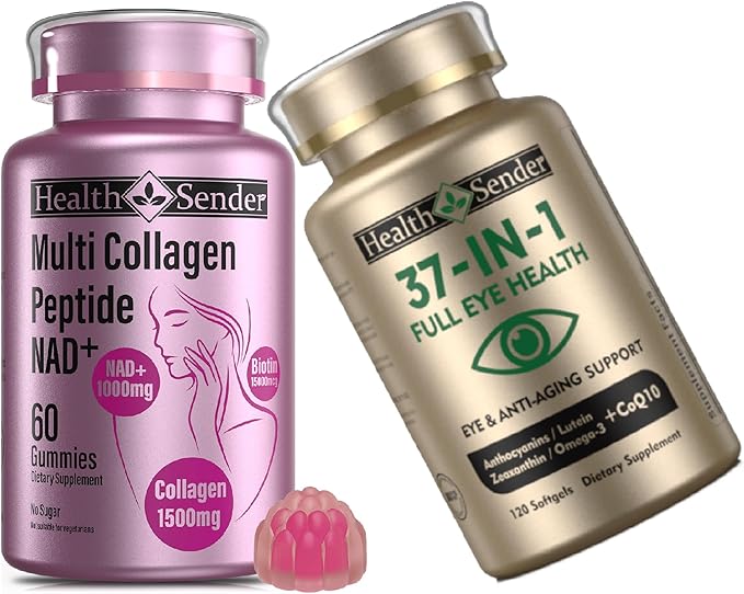 Hydrolyzed Collagen Peptide Filled NAD Biotin Gummies and AREDS 2 Lutein Zeaxanthin Omega-3 CoQ10 Bilberry Exctra Eye Vitamins Supplement 1+1 Combination Pack