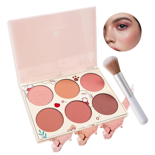 6 Color Shimmer Silky Matte Blush & Contour Highlighter Set With Makeup Brush