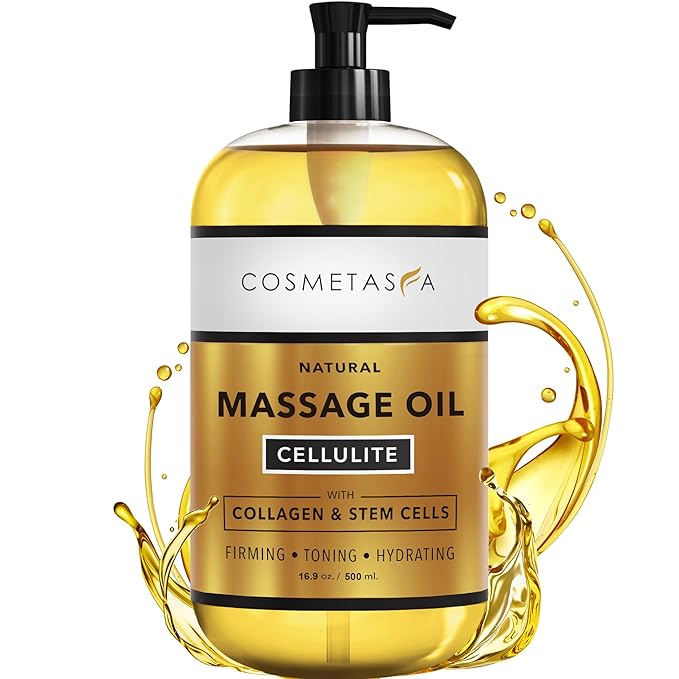 Large Cellulite Massage Oil with Collagen & Stem Cells- 100% Natural Cellulite Oil, Highly Absorbable, Deeply Penetrates The Skin- Firms, Tones, Tightens & Moisturizes Skin by Cosmetasa (16.9 oz)