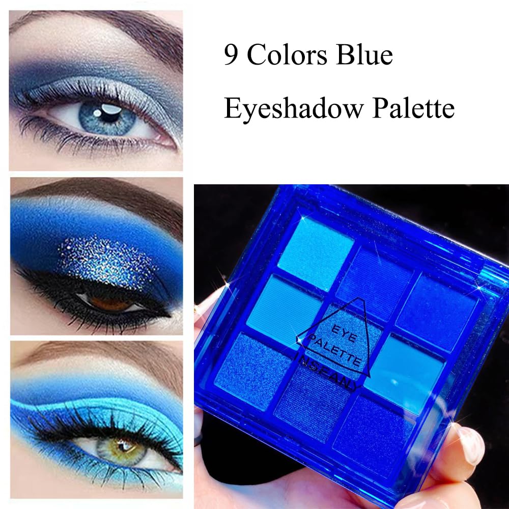9-Color Glitter Matte Blue Eyeshadow Palette, Silver Grey, Light Blue, Highly Pigmented Waterproof Corpse Bride Makeup for Blue Eyes