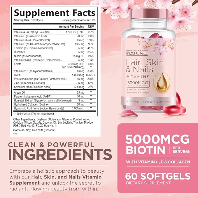 Hair Skin and Nails Vitamins – 5000mcg Biotin with Vitamin C, E, Collagen, Hyaluronic Acid, Argan & Coconut Oil – Luscious Hair Growth & Radiant Skin Supplement for Women – 60 Softgels