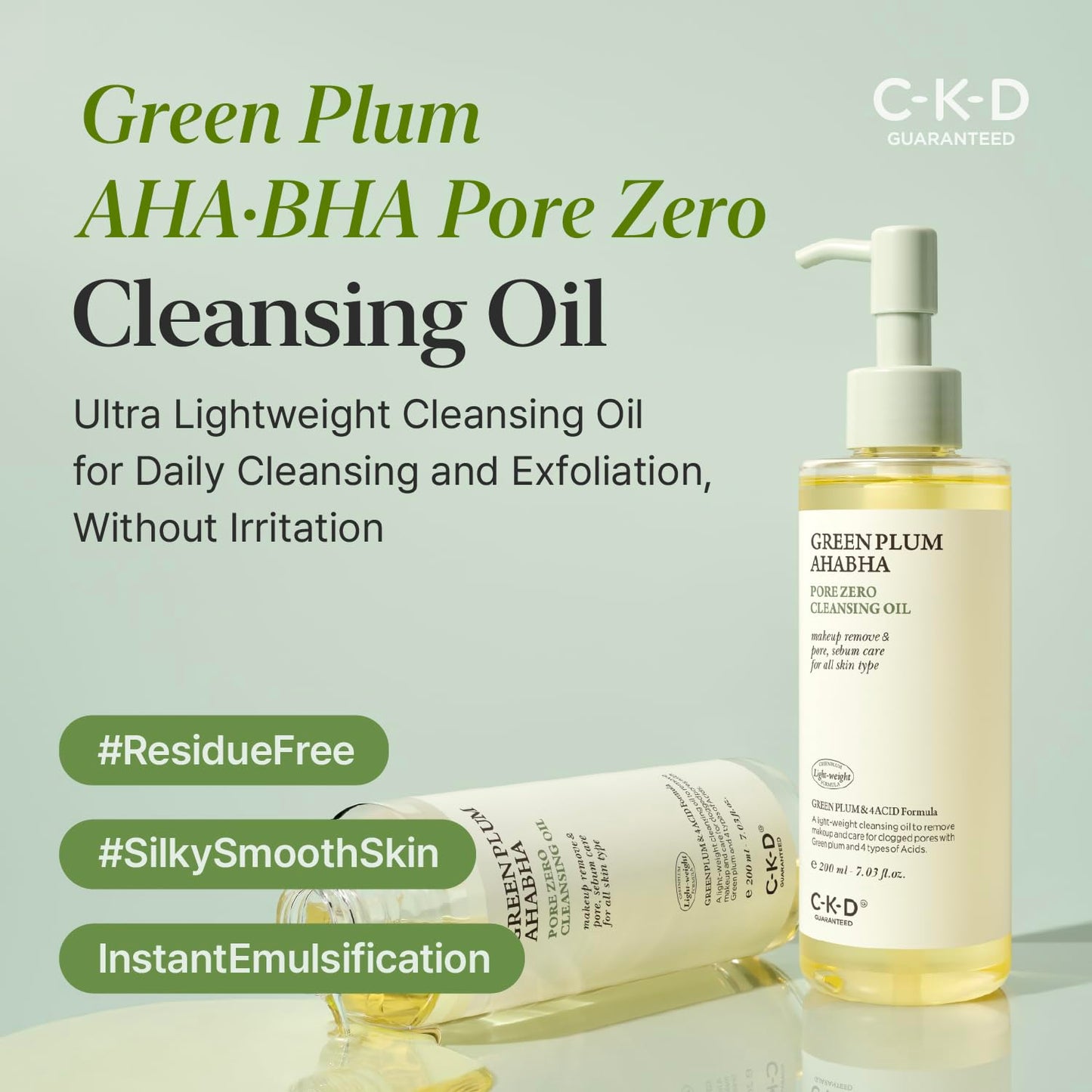 CKD Green Plum AHA·BHA Pore Zero Face Cleansing Oil -Gentle Korean Cleanser, Instant Makeup Removal, Sebum Control, Hydrating & Low-Irritation. No Oily Residue. 7.03 fl oz