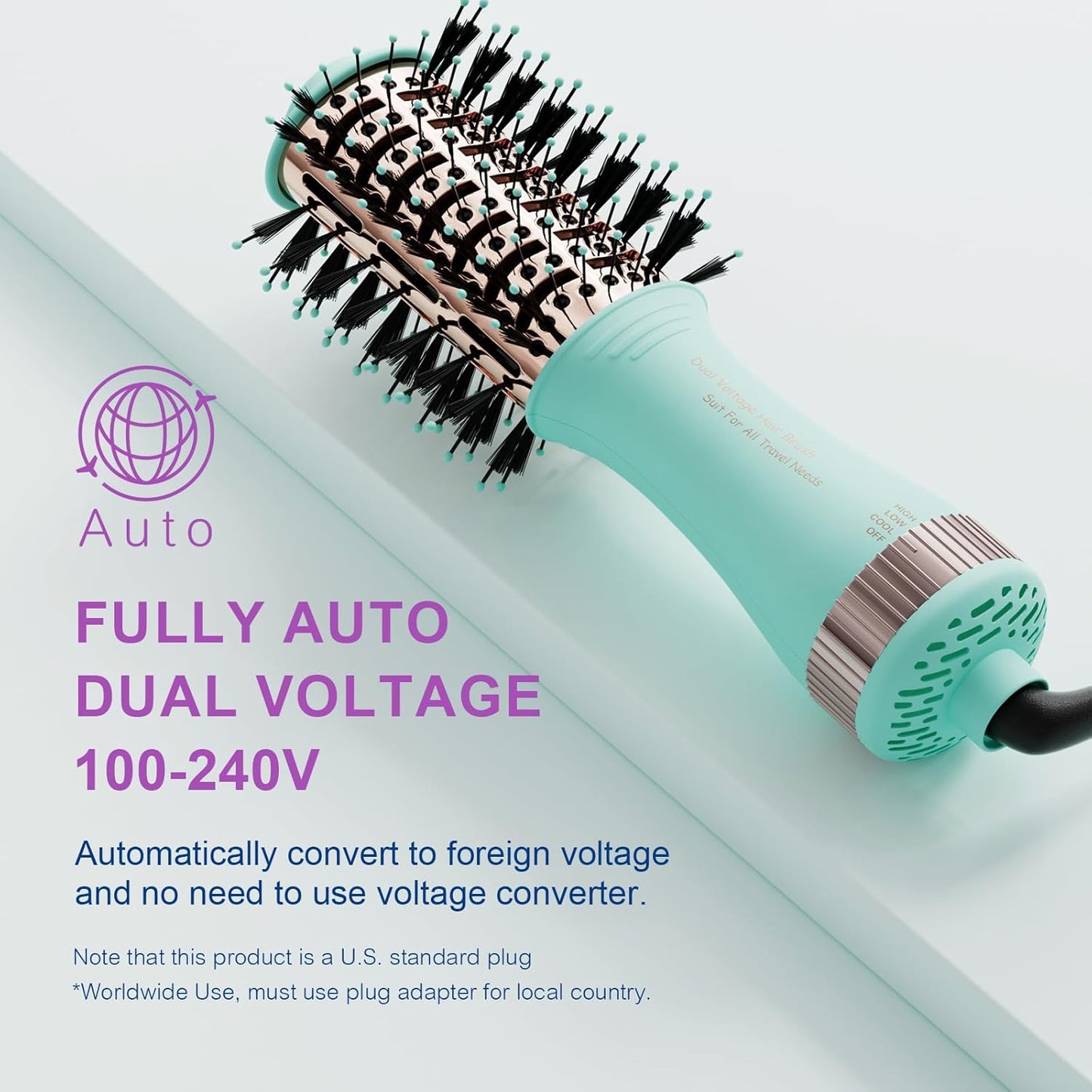 Travel Dual Voltage Hair Dryer Brush Blow Dryer Brush in One,2 Inch Hot Air Brush,Travel Hair Styler/Volumizer/Straightener/Curler,European Blow Dryer Brush with Universal Adapter