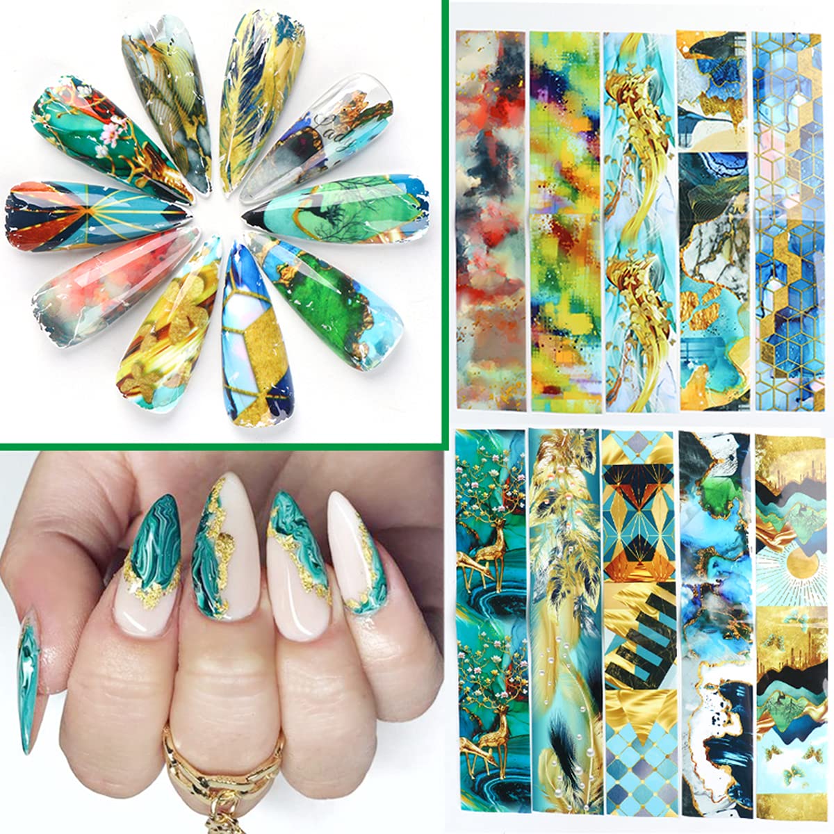 Marble Nail Foils Transfer Sticker Nail Art Supplies Marble Stone Nail Transfers Foil Decals Print Nail Art Foil Wraps Holographic Foil Nail Art Stickers for Women Girls Nail Art Decoration (10 Pcs)