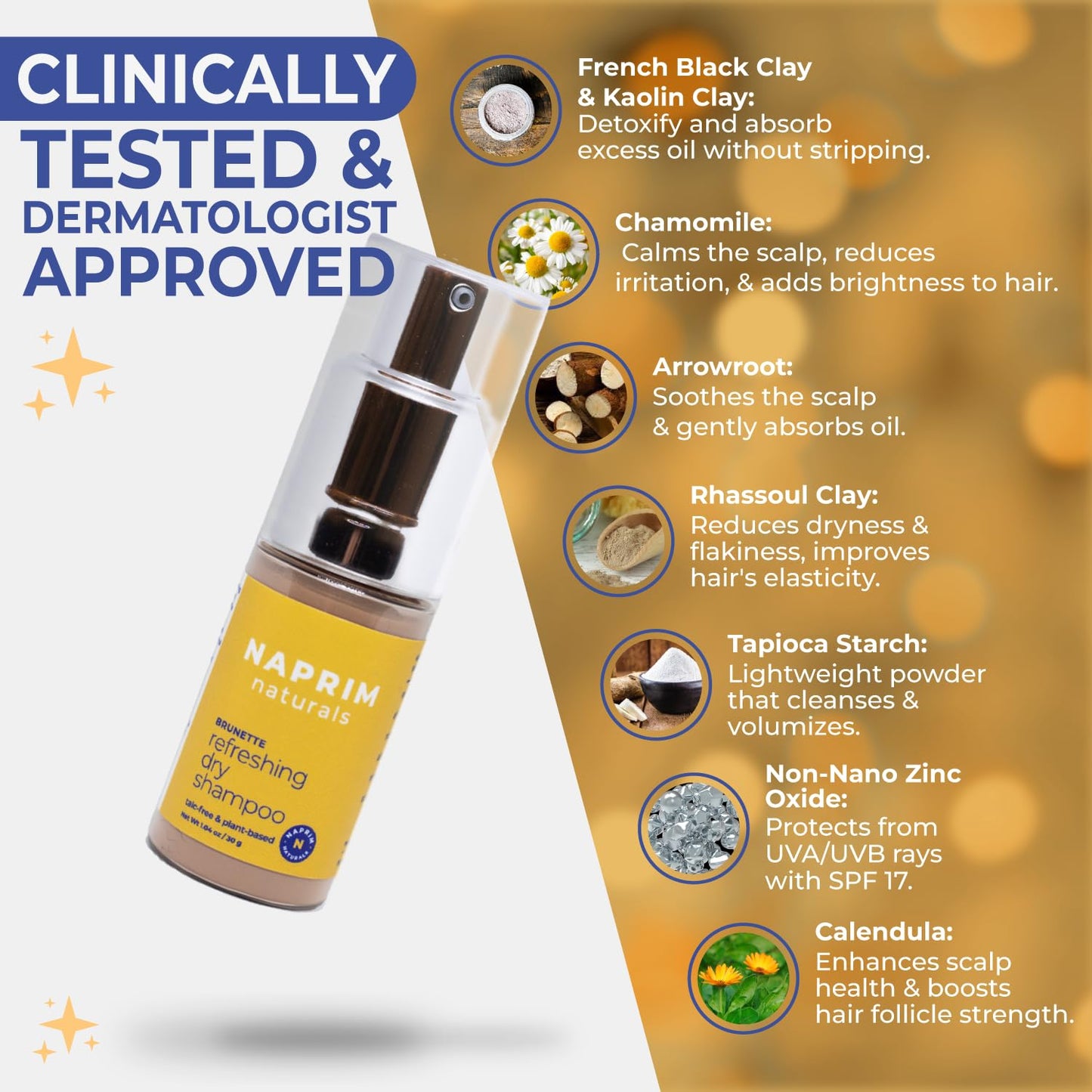 Naprim Naturals Nourishing Dry Shampoo Hair Powder for Brunettes - Talc-Free Oil Absorption for Lightweight Volume - No Residue UV Protection Non-Aerosol - Travel-Friendly Hair Care (30g)