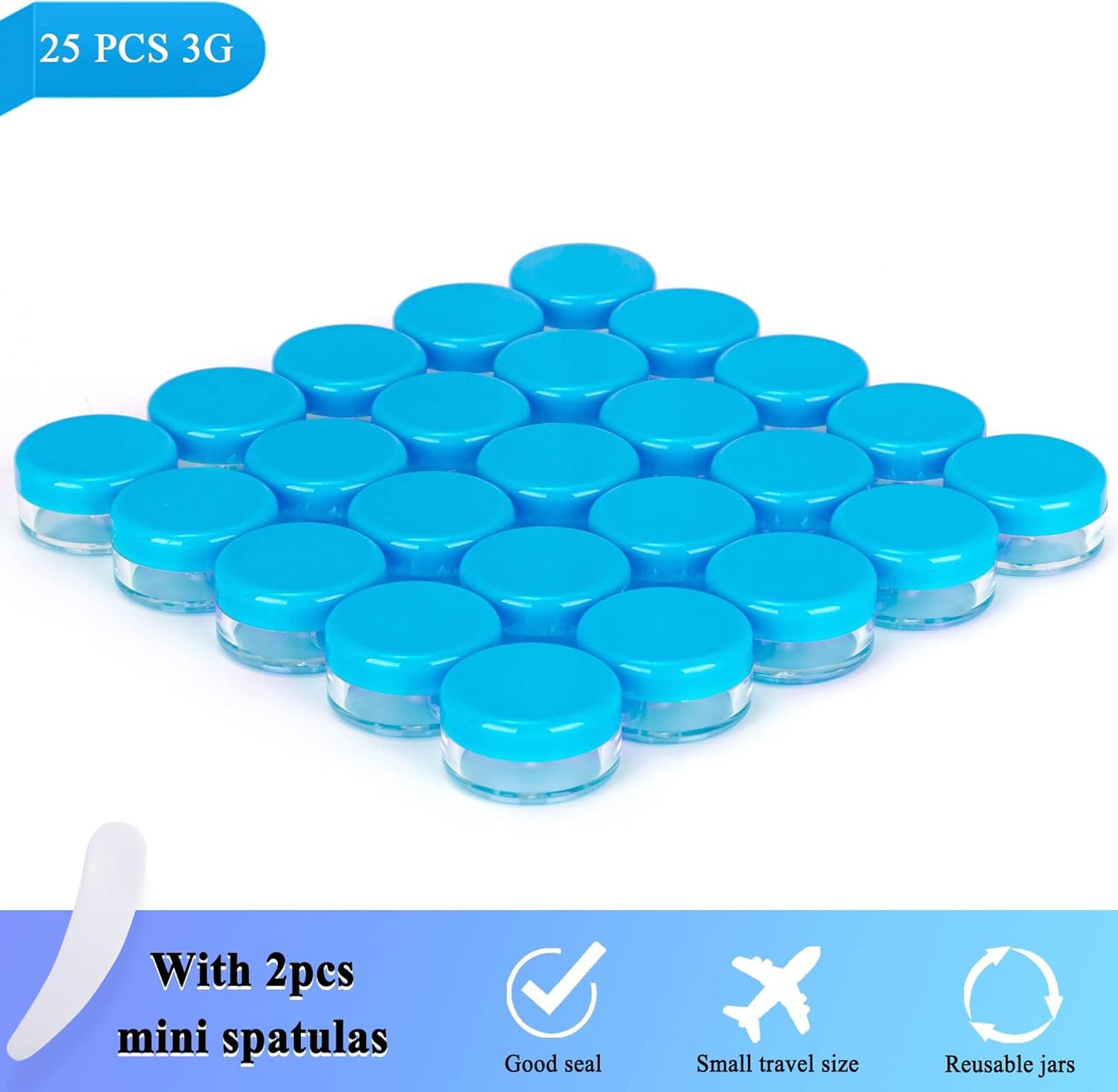25PCS 3 Gram Sample Containers, 3ml Empty Jars with Lids, Small Cosmetic Containers, Mini Sample Jars with 2PCS Mini Spatulas for Make Up, Oils, Lotion, Powder, Paint, Jewelry, Lip Balms(Blue Lid)