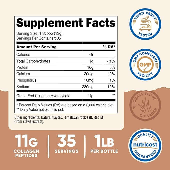 Nutricost Grass-Fed Collagen Powder 1LB (454 G) (Salted Caramel) - Grass Fed Bovine Collagen Hydrolysate - Collagen Peptides