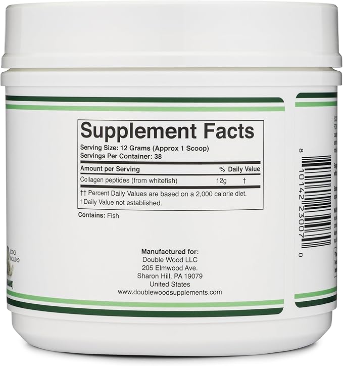 Double Wood Supplements Marine Collagen Powder (1 LB / 16 OZ of Quick Dissolve Marine Collagen Peptides) Wildcaught, Unflavored, Micronized - Scoop Included, No Fillers (38 Servings of 12 Grams Each)