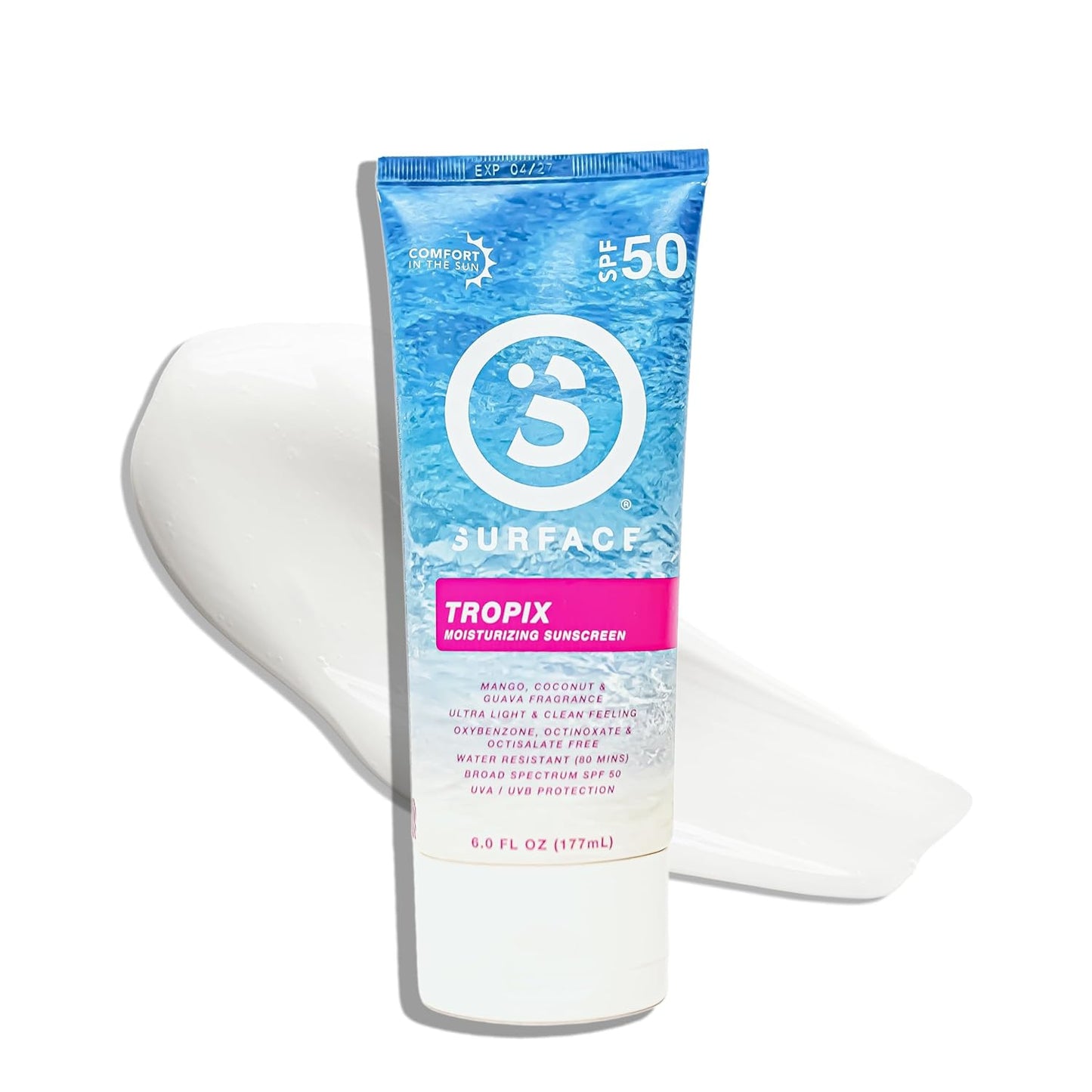 Surface Sunscreen Lotion SPF 50 for Face & Body, Lightweight Natural Formula, Reef Friendly, Broad Spectrum UVA UVB Protection, Water Resistant Sun Care for 80 Minutes Outdoor Use, Tropical Scent, 6oz