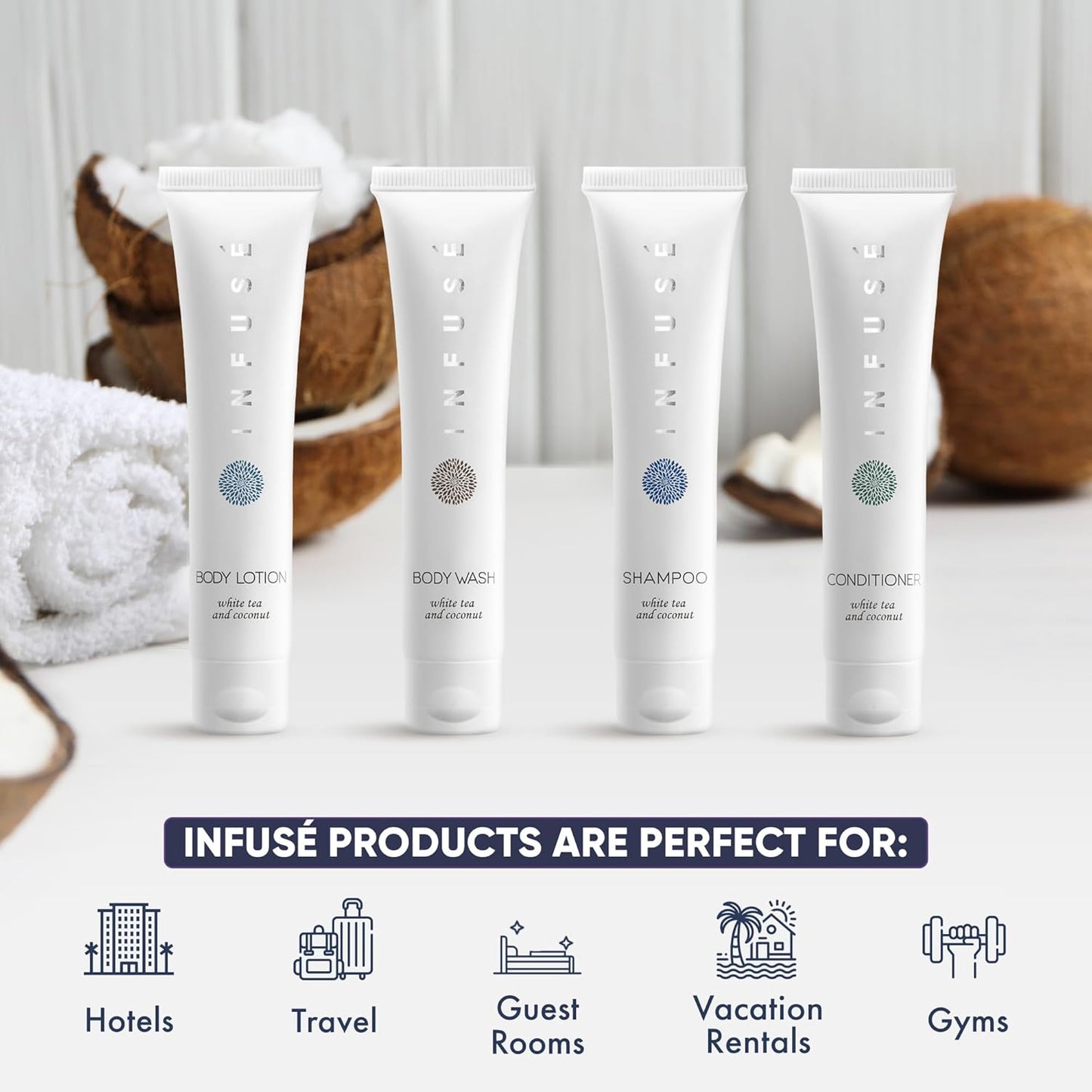 Infuse White Tea & Coconut Hotel Toiletries Bulk Set | 1-Shoppe Amenities Kit | 1oz Shampoo & Conditioner, Body Wash, Lotion | Travel Size | 80 Pieces