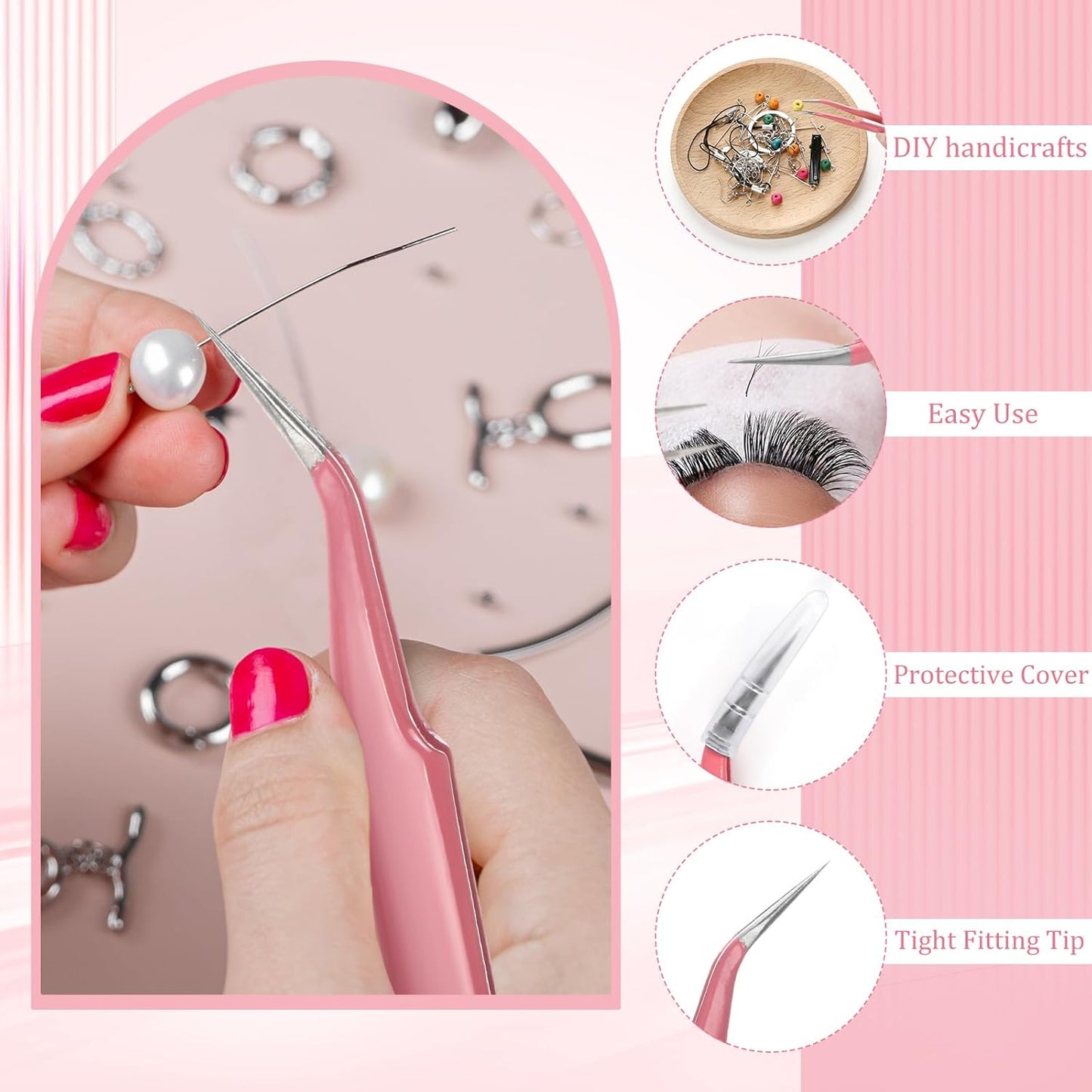 Honoson 9 Pieces Curved Pointed Craft Tweezers Stainless Steel Precision Tweezer with Protective Cover for Rhinestones Dried Flowers Craft Stickers Eyelash Extension Jewelry Making(Pink)