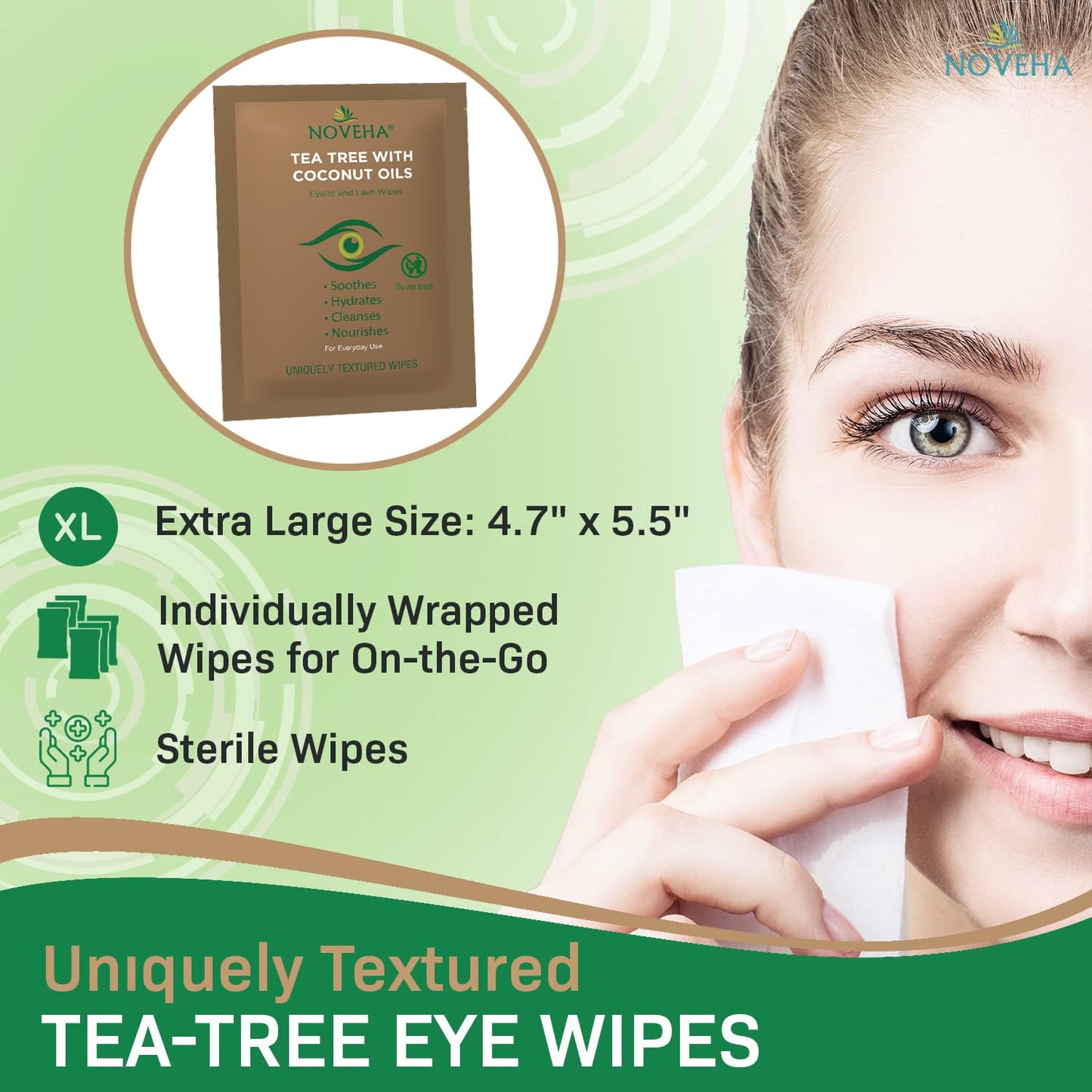 NOVEHA 60PCs Tea Tree & Coconut Oil Eyelid & Lash Wipes - For Demodex, Blepharitis & Itchy Eyes, Individually Wrapped Eyelash Wipes With Aloe Vera, Natural Makeup Remover & Daily Eye Cleanser