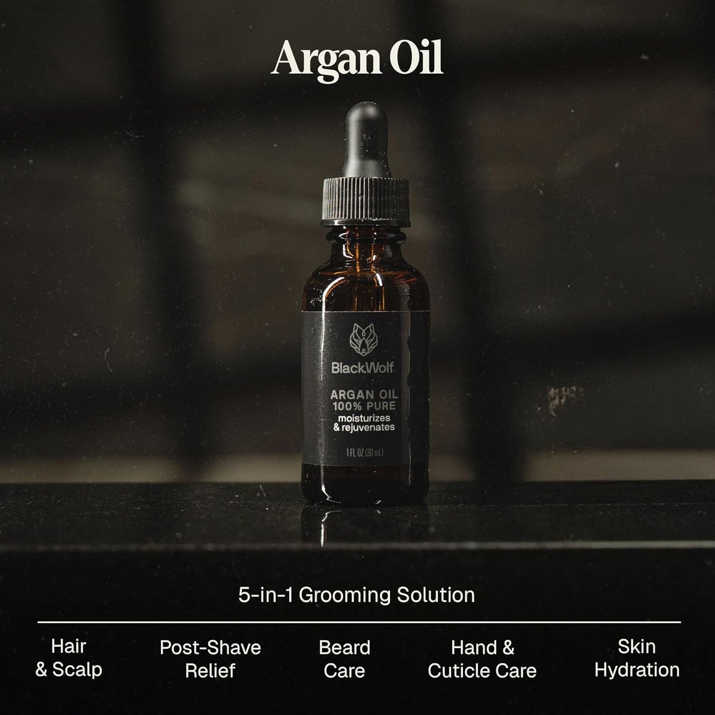 Black Wolf 100% Pure Argan Oil - Moisturizing & Rejuvenating Cold-Pressed Argan Oil for Hair, Face & Skin - Hydrating, Non-Greasy & Lightweight - Suitable for All Hair Types - 1 Fl Oz