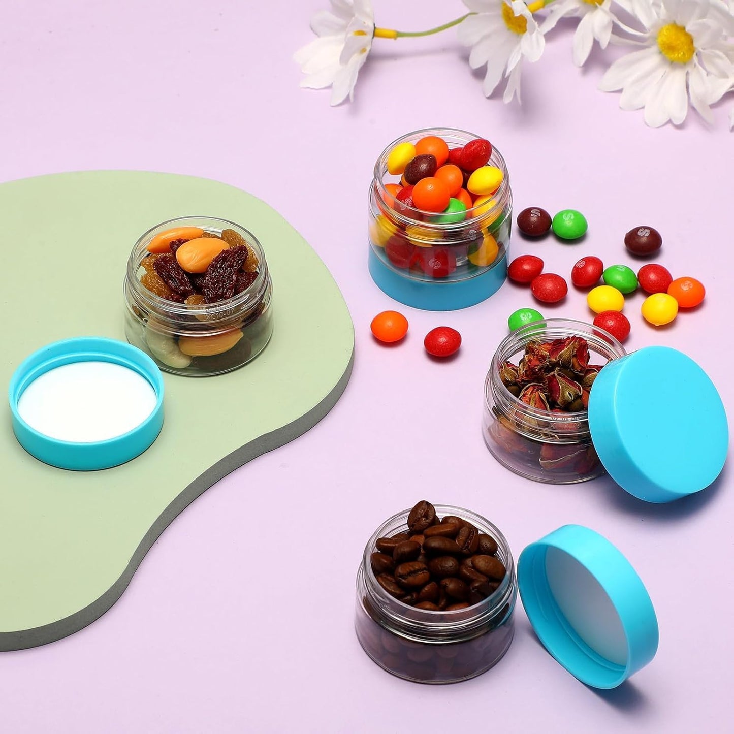 SATINIOR 12 Pack 1 oz Plastic Container Jars with Lids Round Clear Travel Cosmetic Container Slime Jars for Toiletries, Lotion, Cream, Ointments, Makeup, Rhinestone, Samples, Kitchen Storage(Blue)