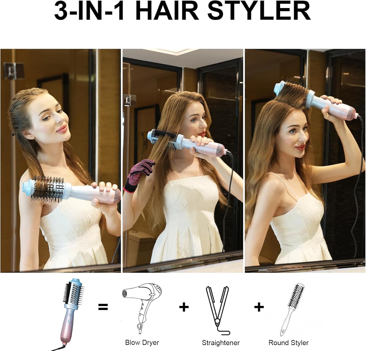 BEAUTYOVO 2-in-1 Blow Dryer Brush & Hair Straightener, 850W Ionic Ceramic Hair Dryer Brush with 3 Heat Settings, Frizz Control for Curly/Thick Hair, Portable Styling Tool for Travel & Home Use