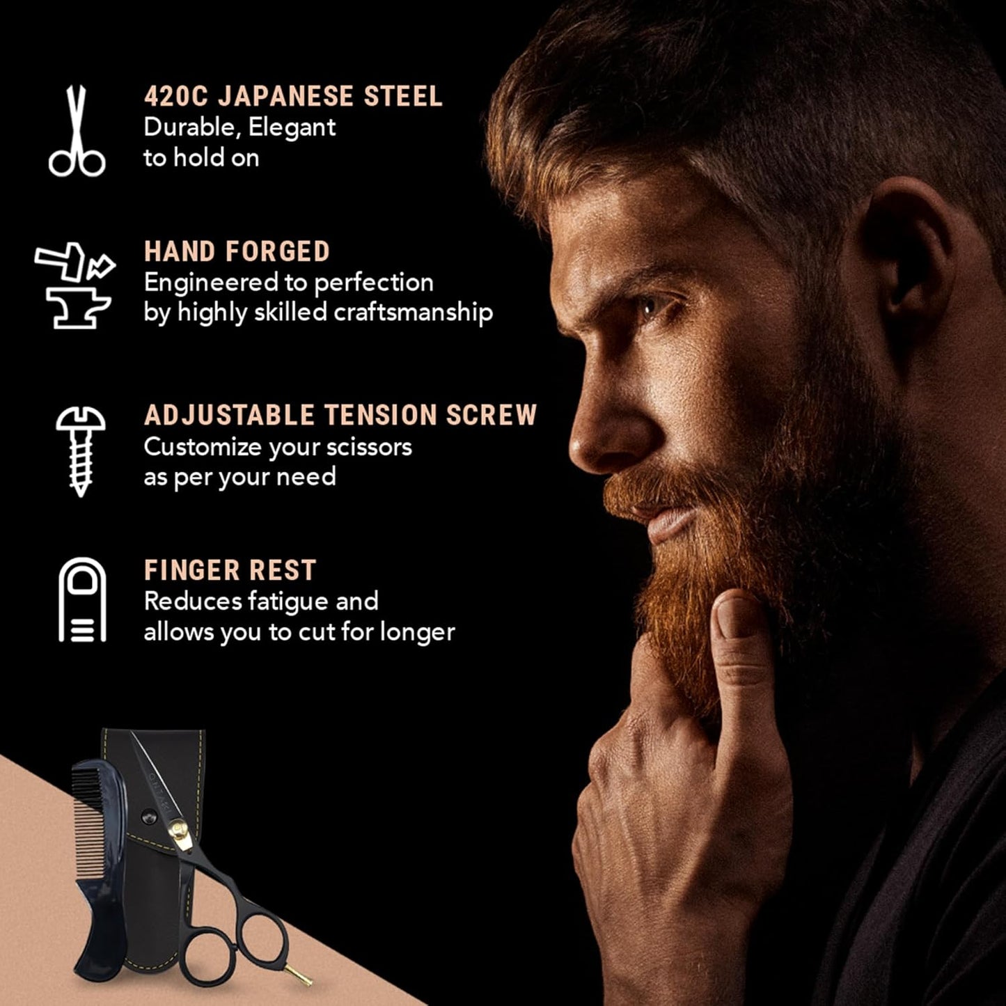 Ontaki Japanese Steel Beard Scissors for Men - 5.5" Ergonomic Black, Right-Handed - Scissors & Comb Travel Set, Beard Grooming Kit with Mustache Comb & Carry Pouch, Blunt-Tip Facial Hair Shears