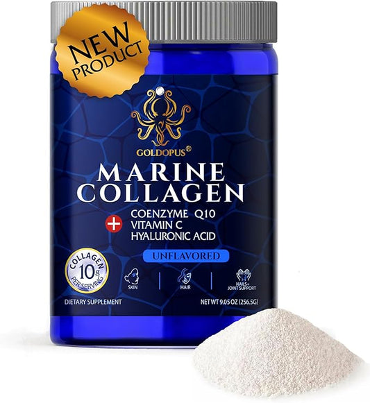 Marine Collagen Peptides Powder with Hyaluronic Acid, Coenzyme Q10, Vitamin C - Promote Firm Skin, Strong Nails&Hair, Healthy Joints - Hydrolyzed Collagen from Atlantic Cod - 10g per Serving