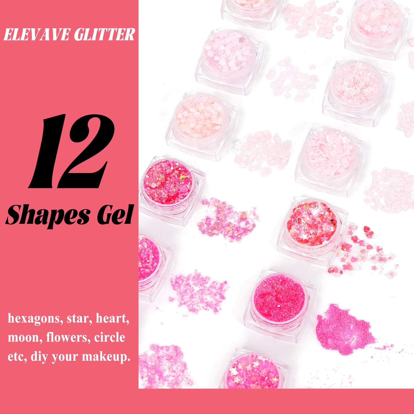 Body Glitter Face Glitter, Hair Glitter for Kids, 12 Shapes Fine Chunky Glitter Gel for Women Girls Makeup Sparkles Party Mermaid Sequins Rave Accessories Singer Concerts Festival (6 Colors)