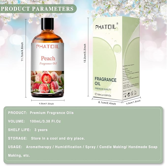 3.38FL.OZ Peach Fragrance Oils for Aromatherapy, Essential Oils for Diffusers for Home, Perfect for Diffuser, Yoga, Skin Care, DIY Candle and Soap Making - 100ml