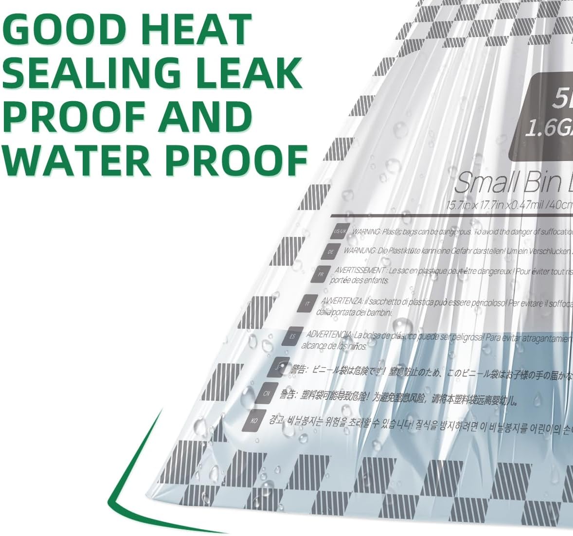 OKKEAI 1.5 Gallon Drawstring Garbage Bags – 55 Count Small Printed Trash Bags, Leak-Proof Mini Bin Liners with Safety Warning, Odor Block & Strong Seal for Home, Baby Room, Bathroom