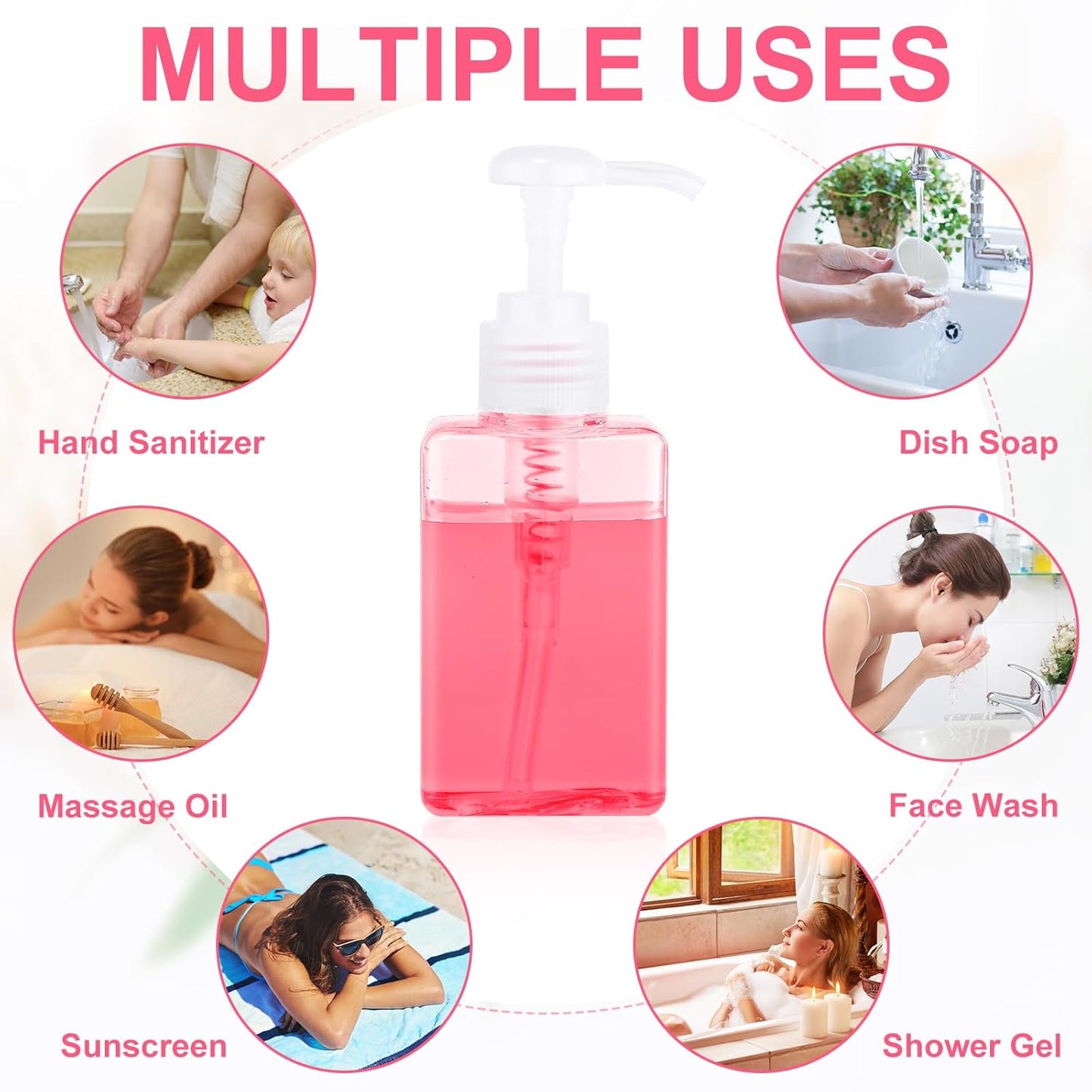 Domensi 12 Pcs 100ml /3.4 oz Pump Bottle Mini Travel Bottles Small Dispenser Containers Plastic Pump Lotion Dispenser Empty Square Travel Size Containers Toiletries (Transparent Pink)