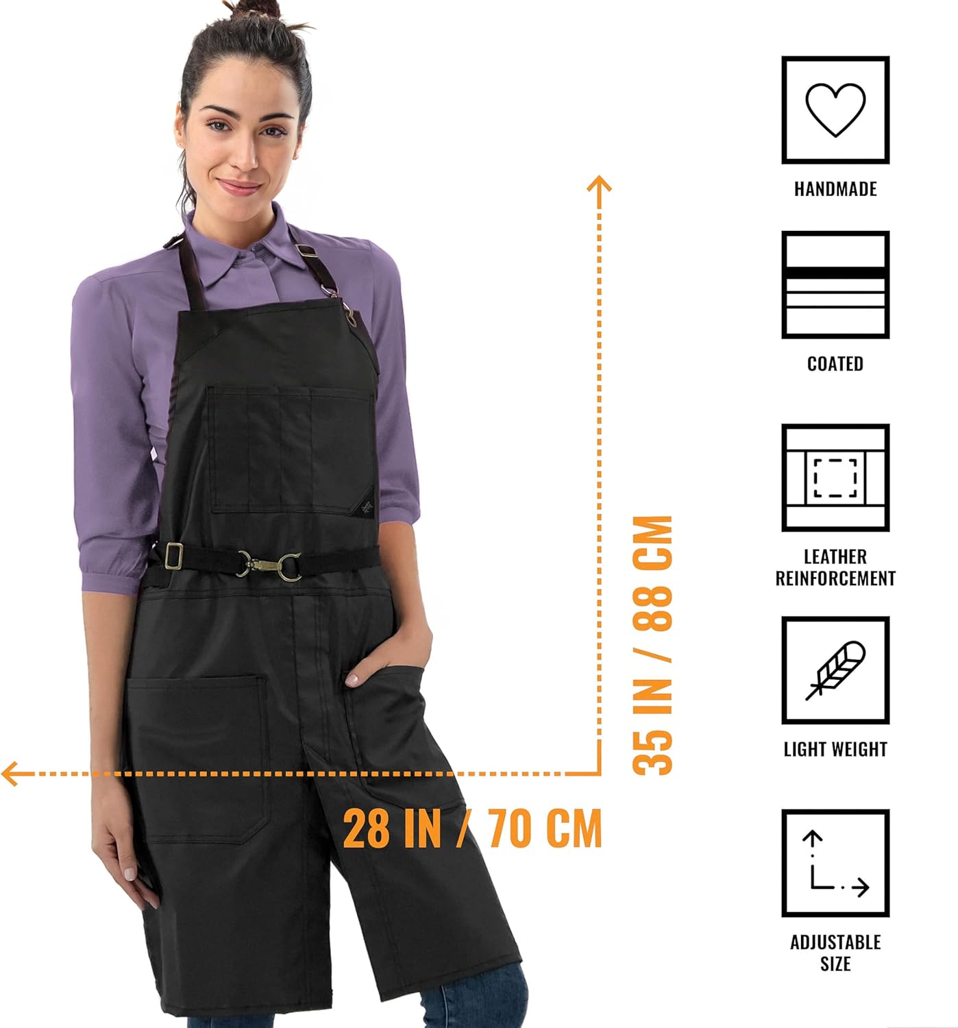 Under NY Sky No-Tie Panther Black Apron – Coated Twill with Leather Reinforcement, Split-Leg, Adjustable for Men and Women – Pro Barber, Tattoo, Barista, Bartender, Hair Stylist, Server Aprons