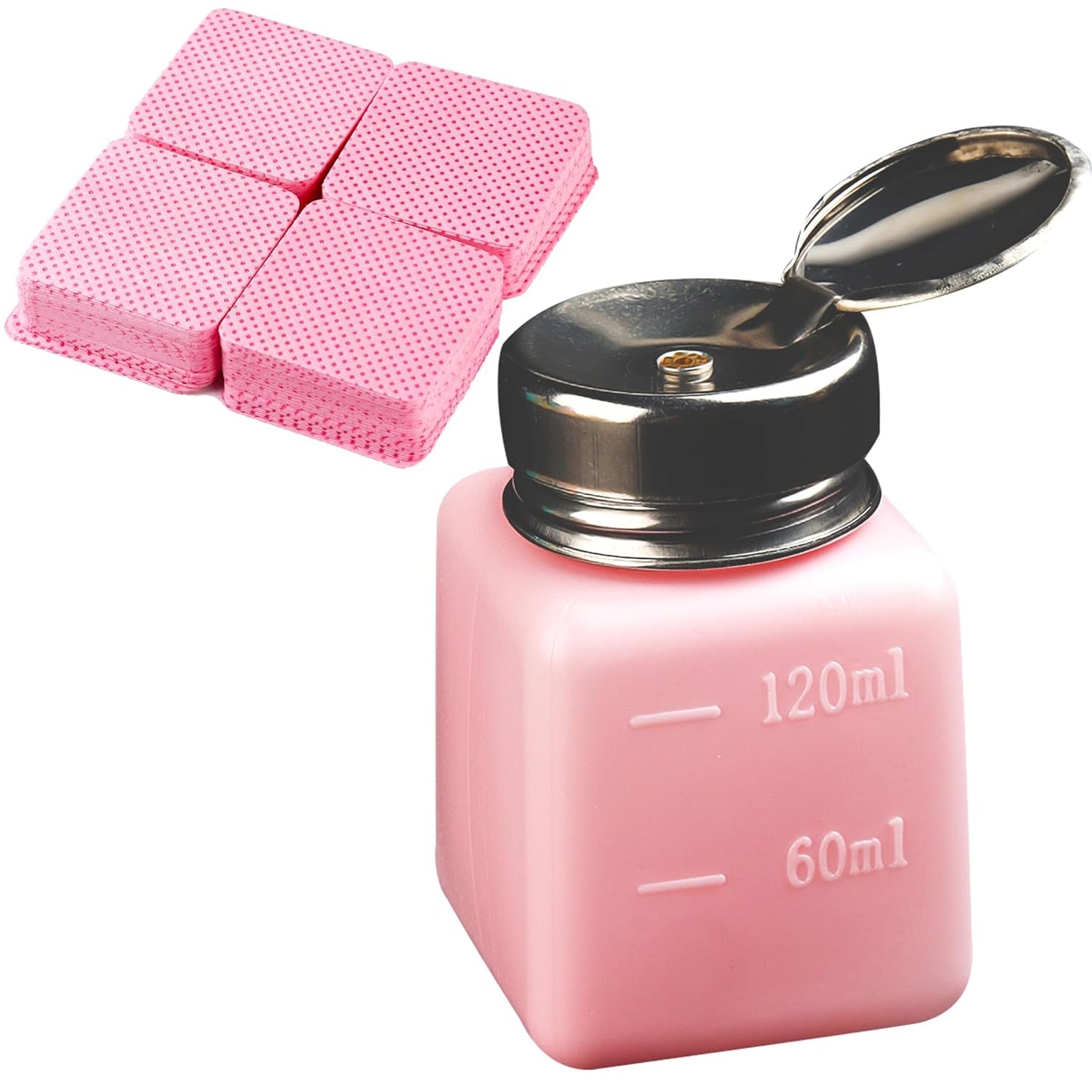 Pump Dispenser 120ml Metal Push Down for Alcohol, Eye Makeup Remover, Nail Polish Remover - 200Pcs Lint Free Nail Wipes Included