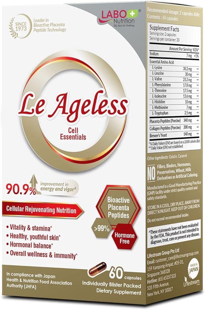 LABO Nutrition Le Ageless – Placenta Cell Rejuvenating Therapy from Japan – Enhanced with Collagen Peptide and Brewer’s Yeast to Supports Immune Health, Skin Regeneration, Anti-Aging – 60 Capsules