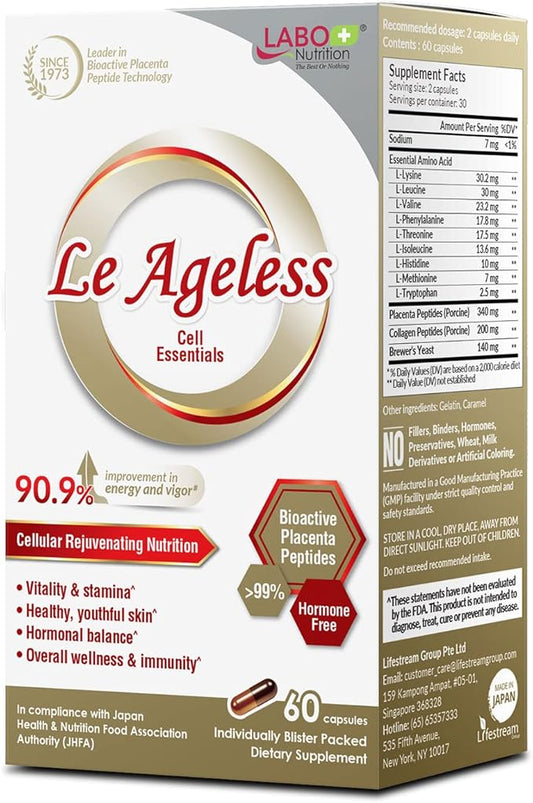 LABO Nutrition Le Ageless – Placenta Cell Rejuvenating Therapy from Japan – Enhanced with Collagen Peptide and Brewer’s Yeast to Supports Immune Health, Skin Regeneration, Anti-Aging – 60 Capsules