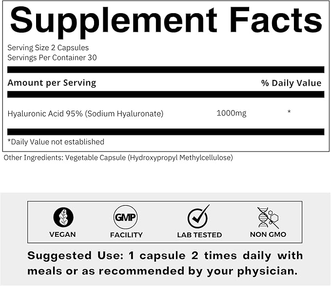 Ultra High Purity Hyaluronic Acid Capsules 500mg - 95% Sodium Hyaluronate - Highly Purified and Bioavailable - Low Molecular Weight - Non-GMO Fermented - 60 Capsules
