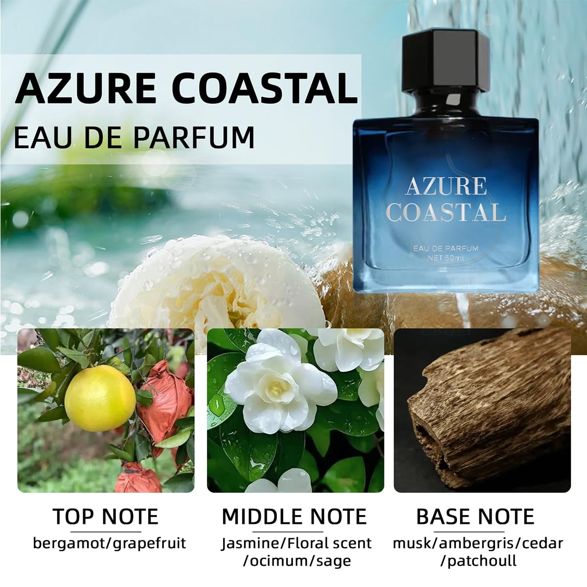 Azure Coastal Eau de Parfum for Man, Eau de Toilette Fragrance for Men, Long-Lasting Fragrance Perfum,1.76 oz, with Bergamot, Jasmine and Musk Notes