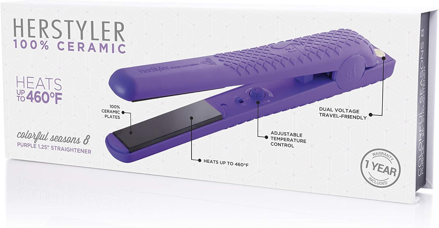 Herstyler Colorful Seasons Flat Iron - Travel Friendly Dual Voltage Flat Iron 1.25 inch - Ceramic Dual Voltage Hair Straightener - Purple Straightening Iron with Negative Ion Technology To Fight Frizz