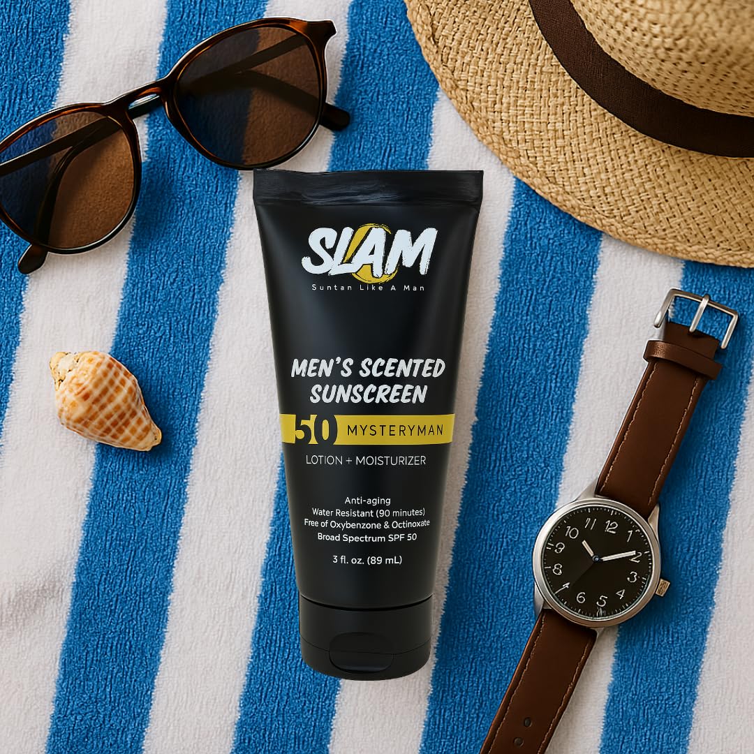 SLAM MysteryMan Men's Sunscreen Lotion SPF 50 & Moisturizer – Face & Body Sunblock, Anti-Aging, Water-Resistant, Hawaii Act 104 Safe, Daily Sport Skincare for Men, Scented – 3 fl oz. Double pack.