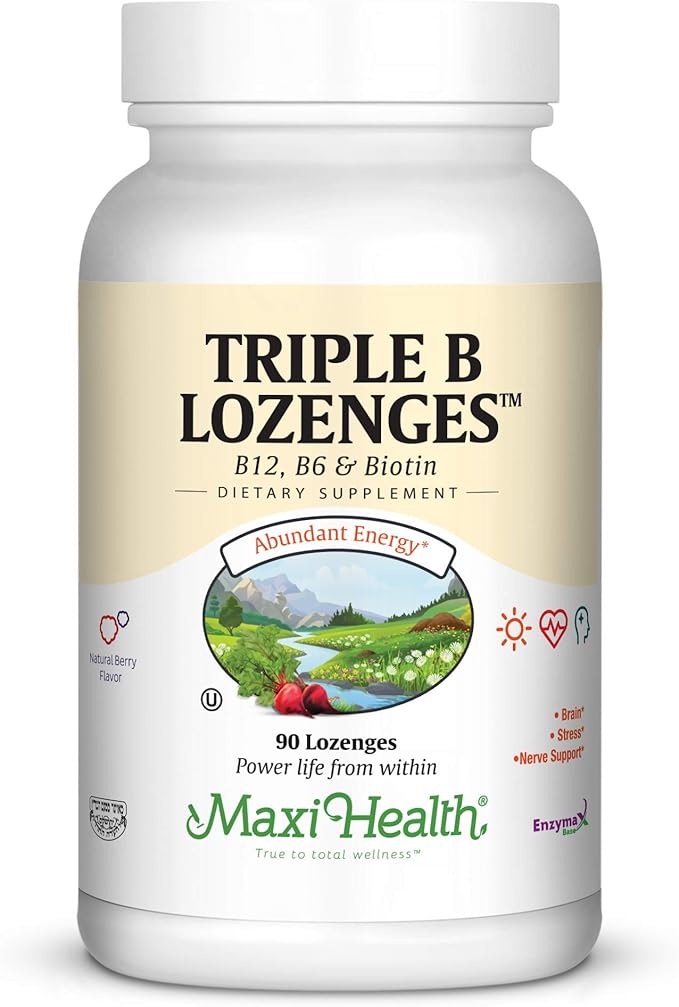 Maxi Health Triple B Lozenges - Vitamin B12 & B6 & Biotin - Strawberry Flavor - 90 Chewies - Kosher