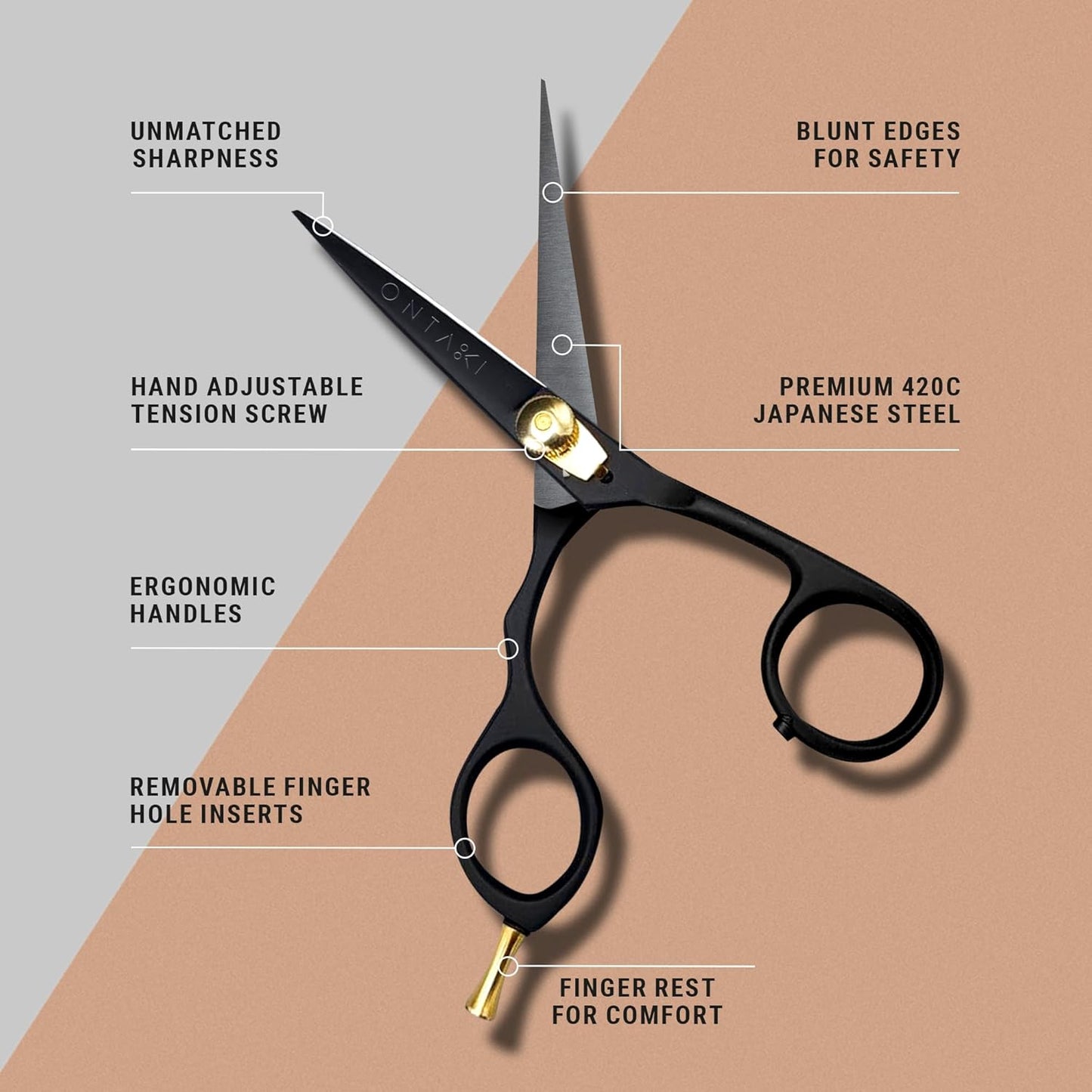 Ontaki Hair Cutting Scissors - 5.5 in, Ergonomic Black, Left Handed - 420C Japanese Steel Beard & Mustache Scissors with Mustache Comb & Pouch & Barber Shears