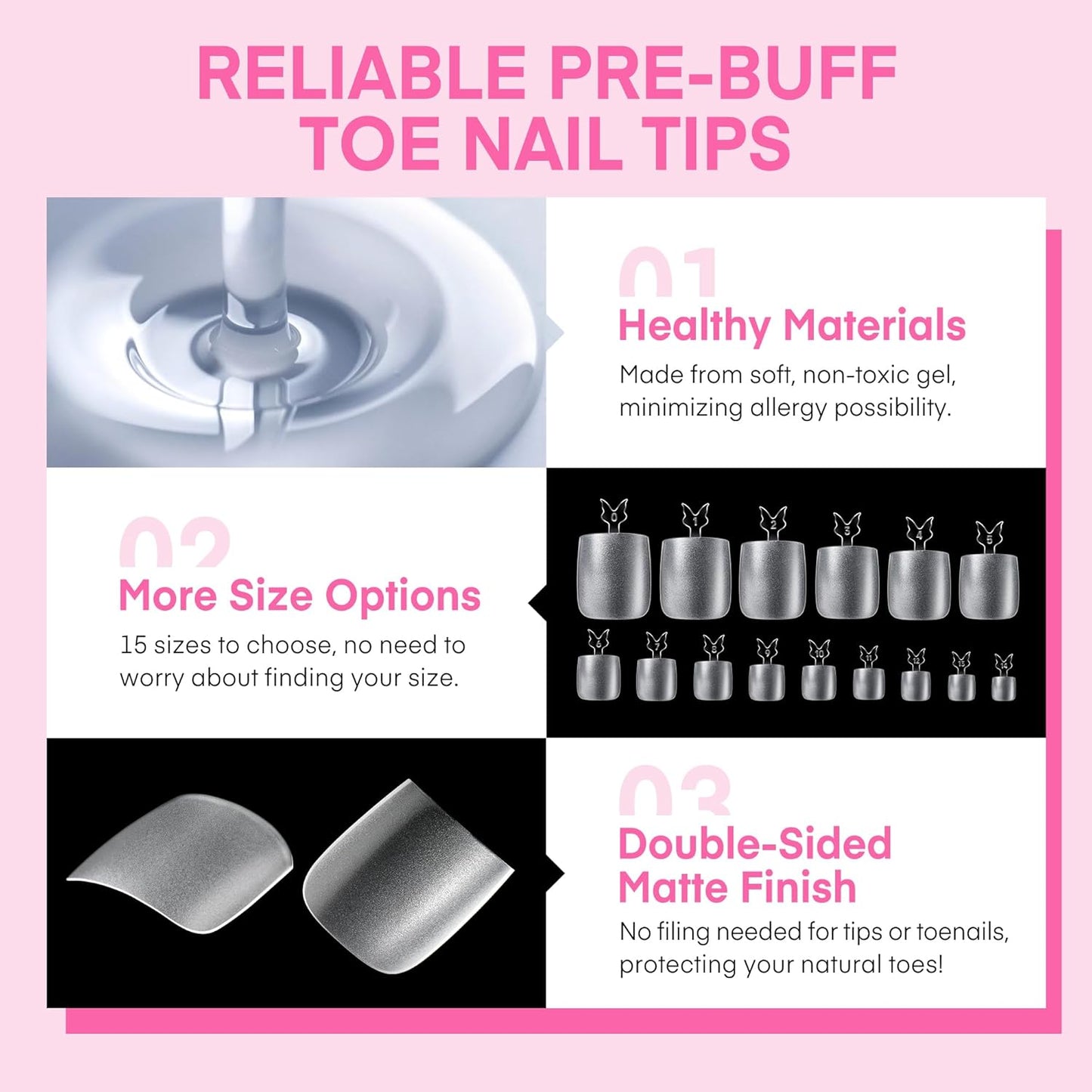 UNA GELLA Square Toe Nail Tips 216Pcs 15Sizes Full Cover Long Wider Toe Nail Tips Soft Gel Pre-etched Double Matte Fake Toe Nails Press Ons For Big Toe Nail Extensions Home DIY Nail Salon Soak Off